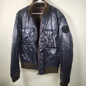 William Rast Bomber Jacket Navy Blue Brown Size Large Combat Biker Motorcycle